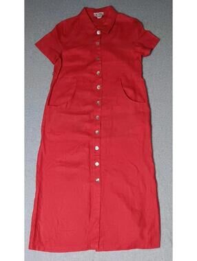 Vintage Fads Button Up Maxi Dress Womens Size 8P Red 100% Linen Shirt Dress...